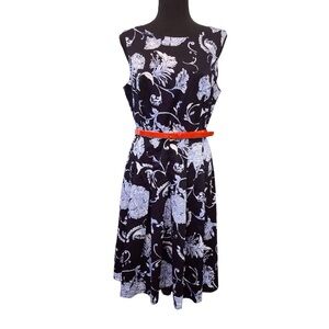 New TOMMY HILFIGER A-Line Sleeveless Dress Blue White Floral with Red Belt Sz 10
